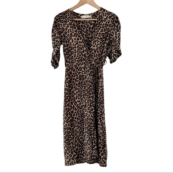 Faithfull The Brand Brown Leopard Print Crepe Wrap Midi Dress sz 2 - Picture 9 of 16